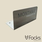 Nameplate brushed stainless steel, etched and lacquered in 2 colours, set in a 90 degree angle.