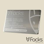 Nameplate, burnished stainless steel, matte etched, machine punched, Lohmann adhesive