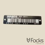 Barcode label voor WABCO, zwart geanodiseerd aluminium, met oplopende barcodes, lasergraveerd