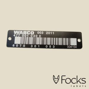 Barcode label voor WABCO, zwart geanodiseerd aluminium, met oplopende barcodes, lasergraveerd