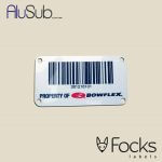 Barcode label met wisselende code, slijtvast full colour bedrukt op blank geborsteld AluSub aluminium