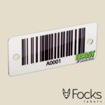 Barcode label met wisselende barcode, slijtvast en in full colour bedrukt op wit AluSub aluminium
