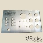 Control panel, stainless steel, engraved and lacquered, for measuring instruments on motor yacht, with milled holes.