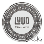 Dealer label Loud Motorcycles, 3D metaal, basislaag 0,1 mm dik metaal zwart vernikkeld met structuur, toplaag 0,1 mm dik metaal zilverglanzend vernikkeld, met kleeflaag