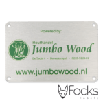 Naamplaat voor Jumbo Wood voor terrasoverkappingen, AluSub aluminium, blank geborsteld, bedrukking in 1 kleur, slijtvast in transparante topcoating, met 3M468 kleeflaag.