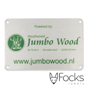 Naamplaat voor Jumbo Wood voor terrasoverkappingen, AluSub aluminium, blank geborsteld, bedrukking in 1 kleur, slijtvast in transparante topcoating, met 3M468 kleeflaag.