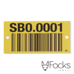 Barcode label voor Verma systemen, geanodiseerd aluminium, full colour en slijtvast bedrukt, unieke code per label, met boorgaten.