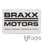 Logolabel voor Braxx Motors, geanodiseerd aluminium, slijtvast bedrukt, met 2 boorgaatjes.