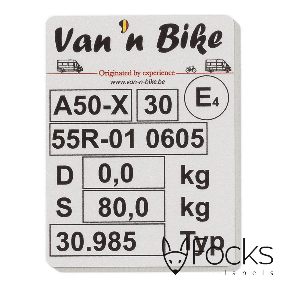 Typeplaatje Van 'n Bike, voor camper fietsdrager, geanodiseerd aluminium, full colour bedrukt, slijtvast in het aluminium, voorzien van 3M468 kleeflaag