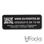 Naamplaatje CS Poorten, geanodiseerd aluminium, zwart bedrukt, slijtvast in het aluminium, met 3M468 kleeflaag.