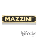 Naam label Mazzini voor luxe kindermeubels, gegoten zinklegering, achtergrond zwart ingelakt, opliggend logo glanzend goud, met 3MVHB foam tape.