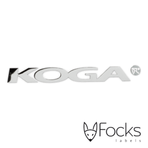 3D metal logo for Koga bicycles, glossy silver look nickel plated, with adhesive and transfer foil for application.
