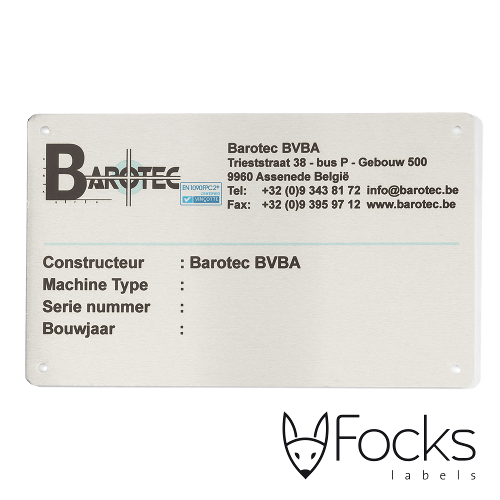 Typeplaat Barotec voor industriële machines, AluSub aluminium, full colour bedrukt, slijtvast in transparante topcoating, voorzien van montagegaten.