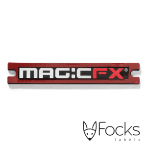 Merklabel Magic FX voor evenementenapparatuur (rookkanon, confettikanon), aluminium gegoten, voorzien van kleeflaag en uitsparingen voor schroeven