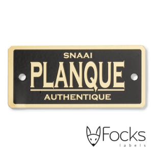 Nameplate brass, etched and lacquered in black, with holes for mounting.