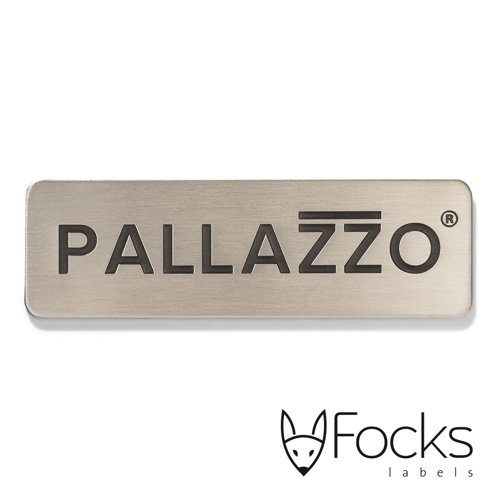 Nameplate stainless steel, etched and lacquered in black, machine punched, with 3M-VHB foam tape.