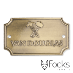 Nameplate aluminium, antique brass look, logo embossed, contour punched.