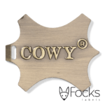 Hang tag Cowy, voor meubels, logo gepreegd in aluminium, contour gestanst, antiek messing finish
