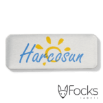 Merklabel voor Harcosun terrasheaters, geanodiseerd aluminium, 2 kleuren bedrukt, slijtvast in aluminium, machinaal gestanst.
