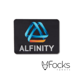 Naamlabel Alfinity, geanodiseerd aluminium, full colour bedrukking