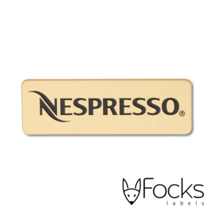 Naamlabel Nespresso, messing, geëtst en ingelakt in zwart