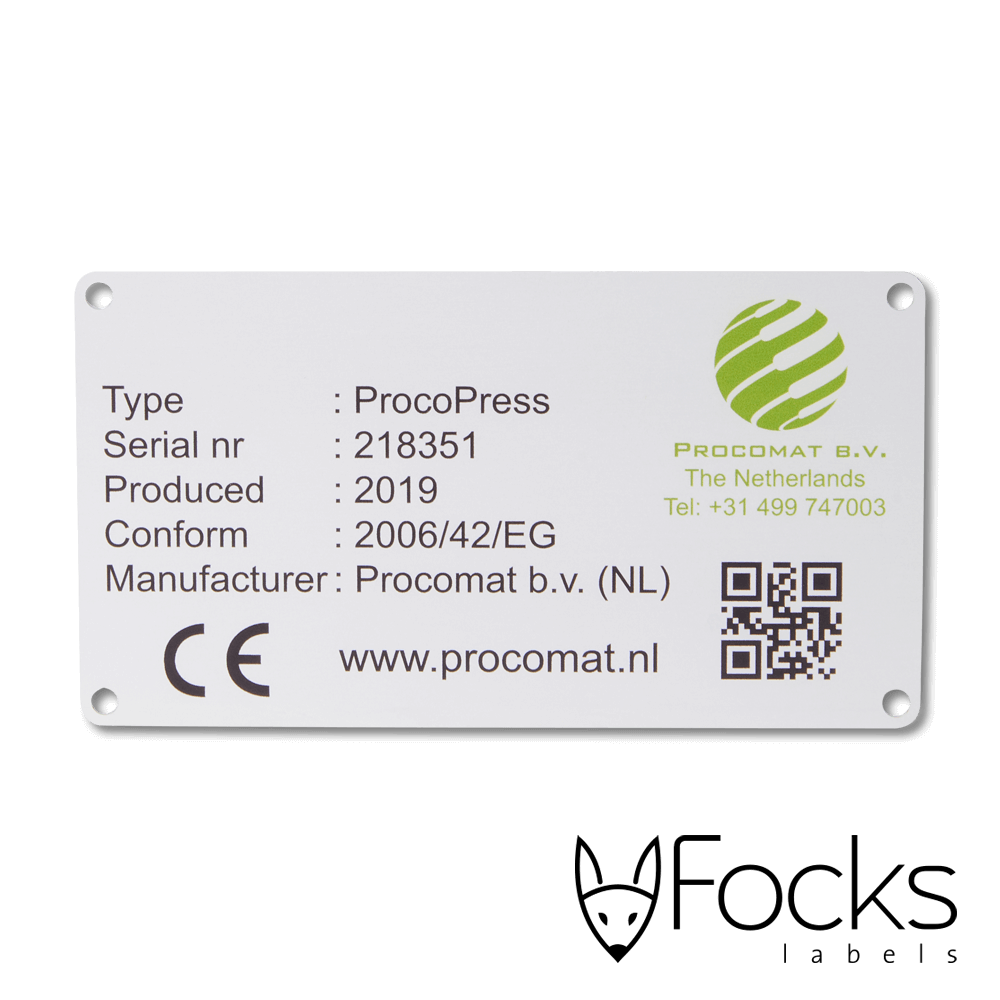 QR code label Procomat, geanodiseerd aluminium, full colour bedrukking