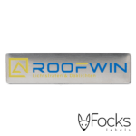 RVS naamlabel Roofwin, logo verdiept geëtst en ingelakt in 2 kleuren, met foamtape.