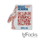 QR code label horecatafels, geanodiseerd aluminium, full colour bedrukking, facetrand aan voorzijde