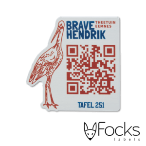 QR code label horecatafels, geanodiseerd aluminium, full colour bedrukking, facetrand aan voorzijde