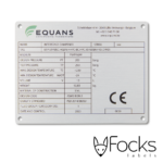 Equans typeplaat, geanodiseerd aluminium, full colour bedrukking, contourfrezen, met boorgaten
